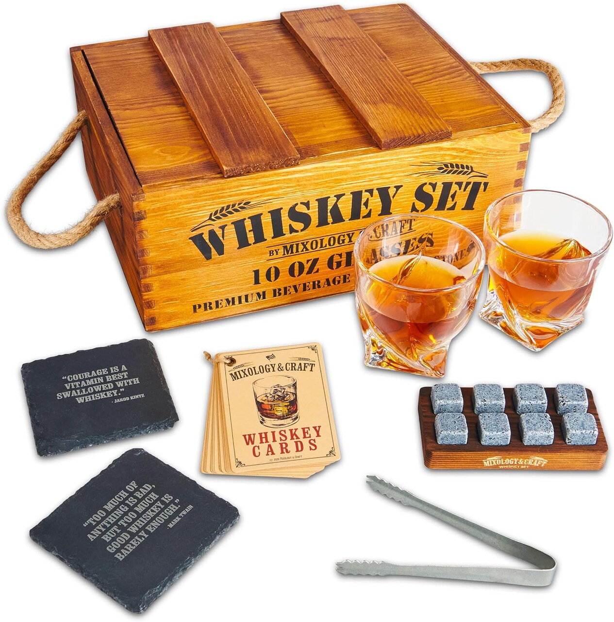 Whiskey Gift Set, Whiskey Glass Set with Rustic Wooden Crate, 8 Granite Whiskey Rocks Chilling Stones, 10oz Whiskey Glasses, Gift for Men, Dad, Husband, Boyfriend - Jameson Brown